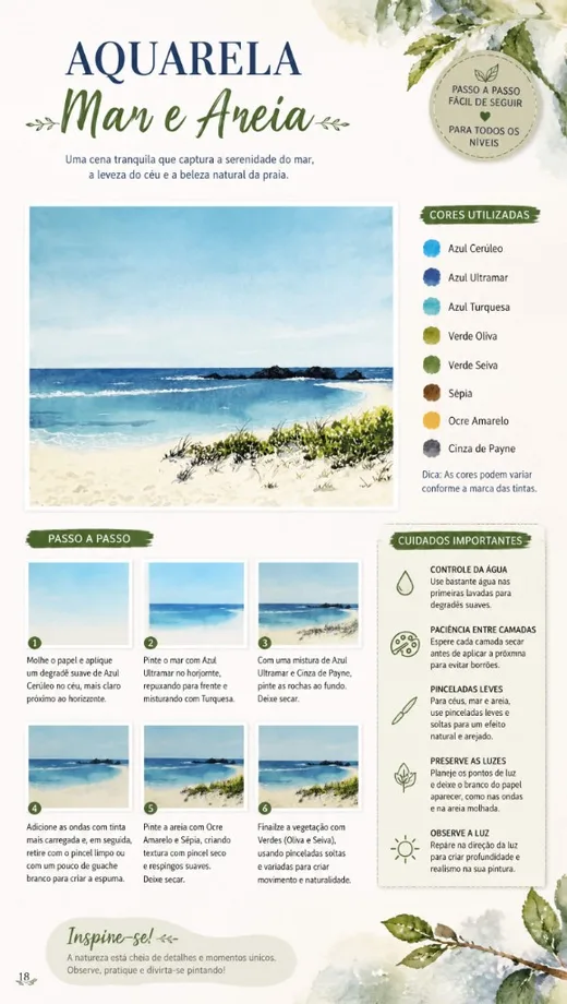 Ficha guiada Aquarela Mar e Areia com passo a passo